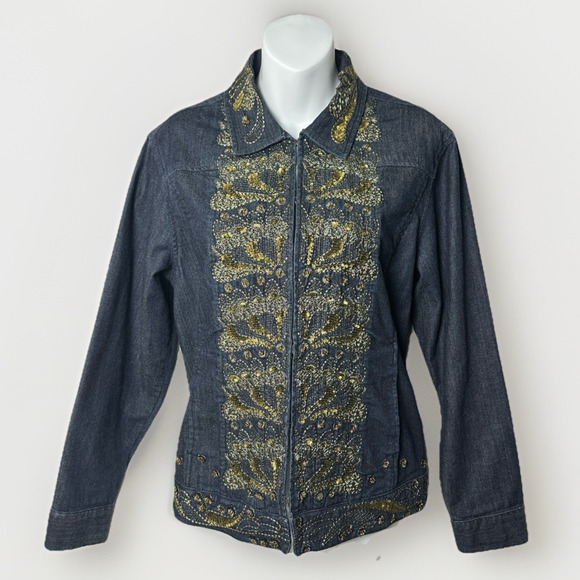 Chicos Embellished Denim Jacket Size 2 Gold Sequin Beaded Jean Western Glam Y2K - Picture 2 of 16